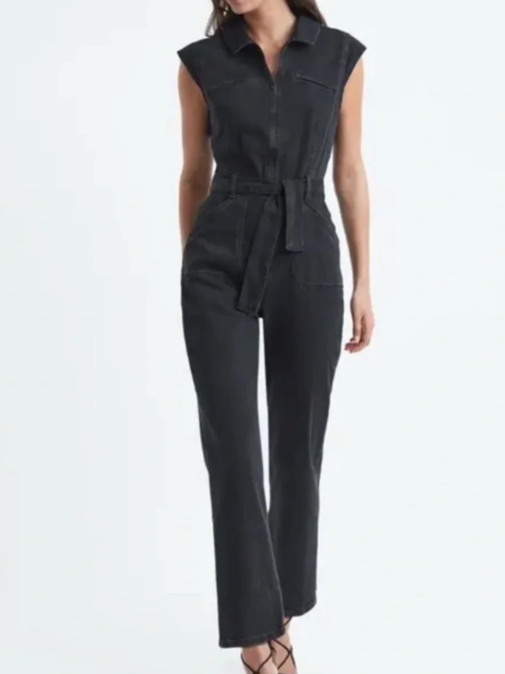 PAIGE Jett Cap Sleeve Utility Denim Jumpsuit Black Dove 00